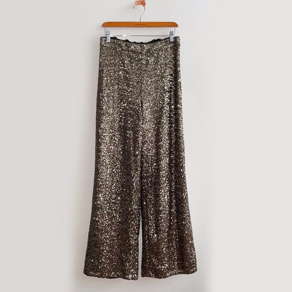 NWT Banana Republic Gold/Bronze High Rise Wide Leg Sequin Pant, Size: Small